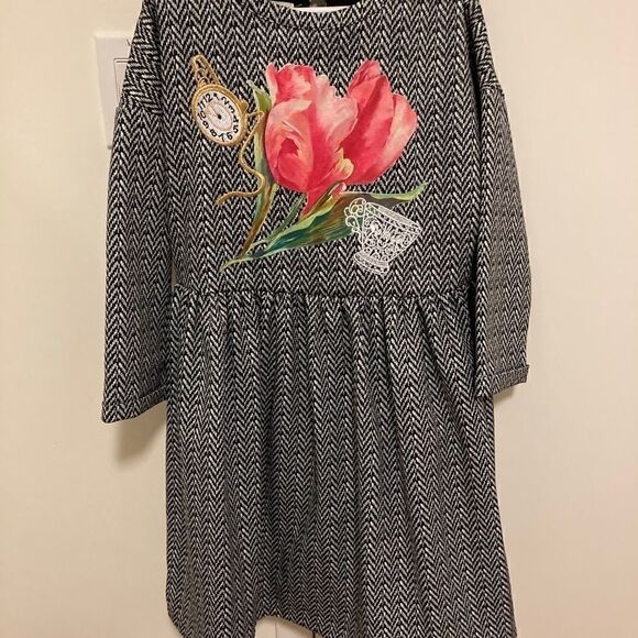 Flowers & Still Girls Long Sleeve Dress Houndstooth with Embroidery and Appliqué - Picture 1 of 5
